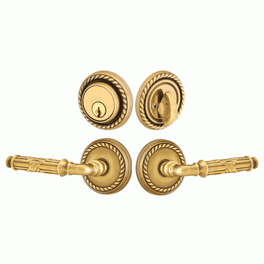 Emtek Solid Brass Ribbon & Reed Door Lever Deadbolt with Georgian Rope Rosette (Antique Brass Finish) EMTEK