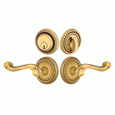 Emtek Solid Brass Rope Door Lever Deadbolt with Georgian Rope Rosette (Antique Brass Finish) EMTEK