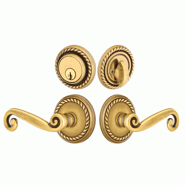 Emtek Solid Brass Rustic Door Lever Deadbolt with Georgian Rope Rosette (Antique Brass Finish) EMTEK