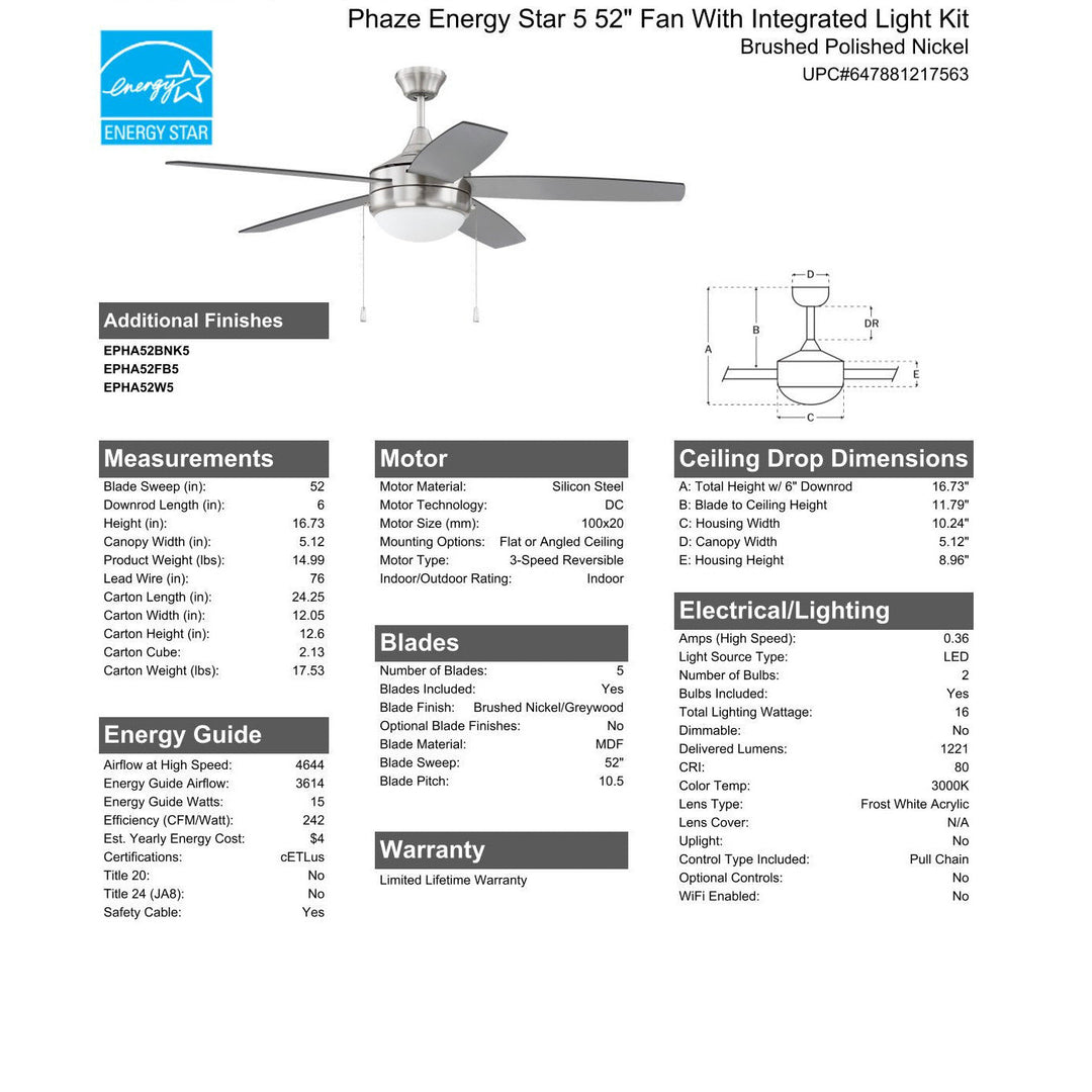 52" Phaze Energy Star 5 in Brushed Polished Nickel w/ Brushed Nickel/Greywood Blades CRAFTMADE