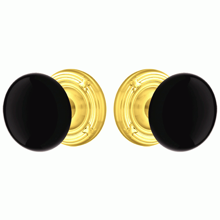 Black Porcelain Ebony Door Knob Set With Ribbon & Reed Rosette (Several Finish Options) EMTEK