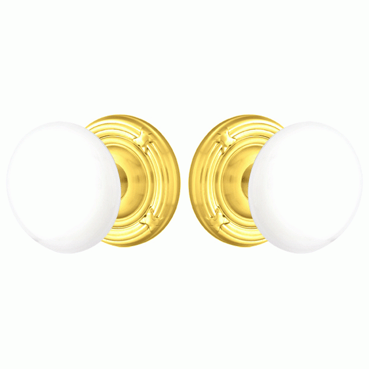 Ice White Porcelain Door Knob Set With Ribbon & Reed Rosette (Several Finish Options) EMTEK