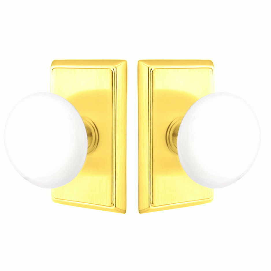 Ice White Porcelain Door Knob Set With Rectangular Rosette (Several Finish Options) EMTEK