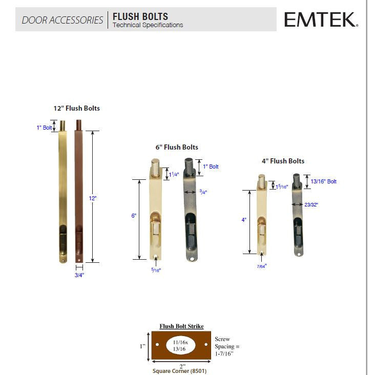 Solid Brass Mortised Flush Bolt (Polished Brass Finish) EMTEK