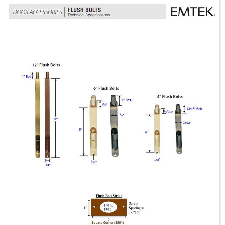 Solid Brass Mortised Flush Bolt (Brushed Nickel Finish) EMTEK