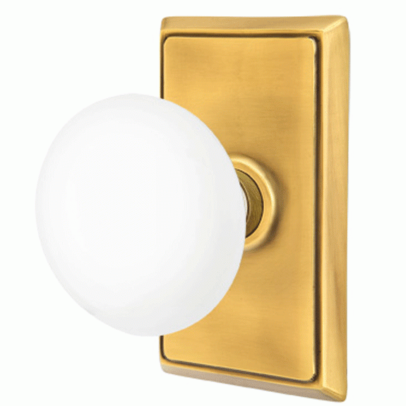 Ice White Porcelain Door Knob Set With Rectangular Rosette (Several Finish Options) EMTEK