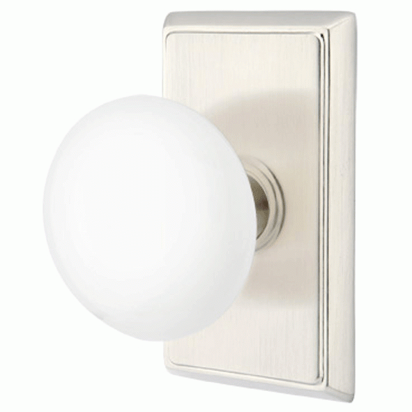 Ice White Porcelain Door Knob Set With Rectangular Rosette (Several Finish Options) EMTEK