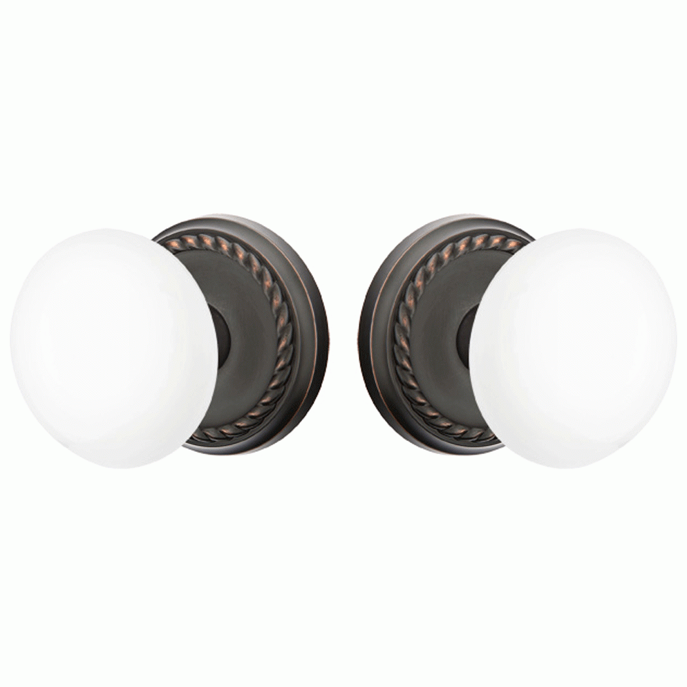 Ice White Porcelain Door Knob Set With Rope Rosette (Several Finish Options) EMTEK