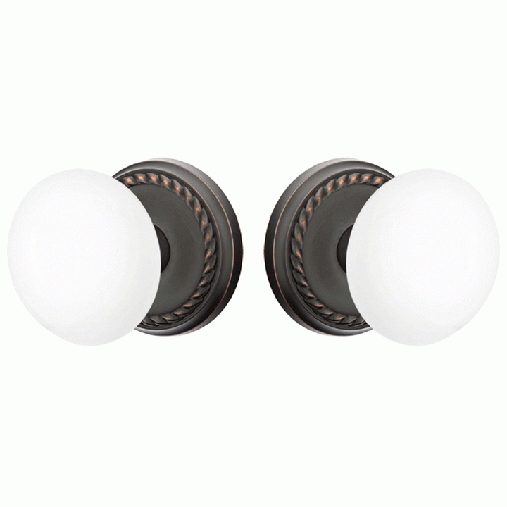 Ice White Porcelain Door Knob Set With Rope Rosette (Several Finish Options) EMTEK