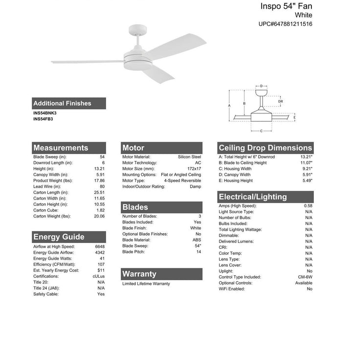 54" Inspo Indoor/Outdoor (Damp) in White w/ White Blades CRAFTMADE