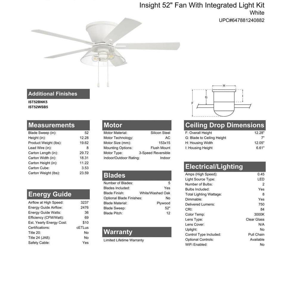 52" Insight White Finish, White/Washed Oak Blades, Integrated Light kit Included CRAFTMADE