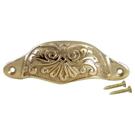 4 3/8 Inch Overall (3 3/4 Inch c-c) Solid Brass Ornate Victorian Scroll Cup or Bin Pull (Polished Brass Finish) COPPER MOUNTAIN HARDWARE