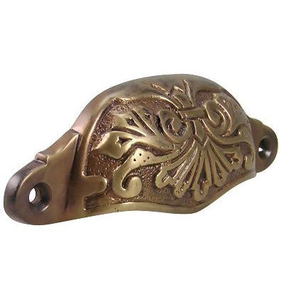 4 3/8 Inch Overall (3 3/4 Inch c-c) Solid Brass Ornate Victorian Scroll Cup or Bin Pull (Antique Brass Finish) COPPER MOUNTAIN HARDWARE