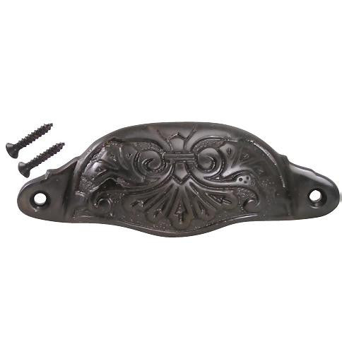 4 3/8 Inch Overall (3 3/4 Inch c-c) Solid Brass Ornate Victorian Scroll Cup or Bin Pull (Oil Rubbed Bronze Finish) COPPER MOUNTAIN HARDWARE