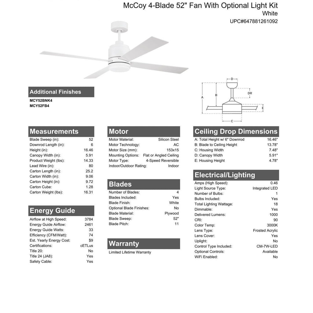 52" McCoy 4-Blade in White w/ White Blades CRAFTMADE