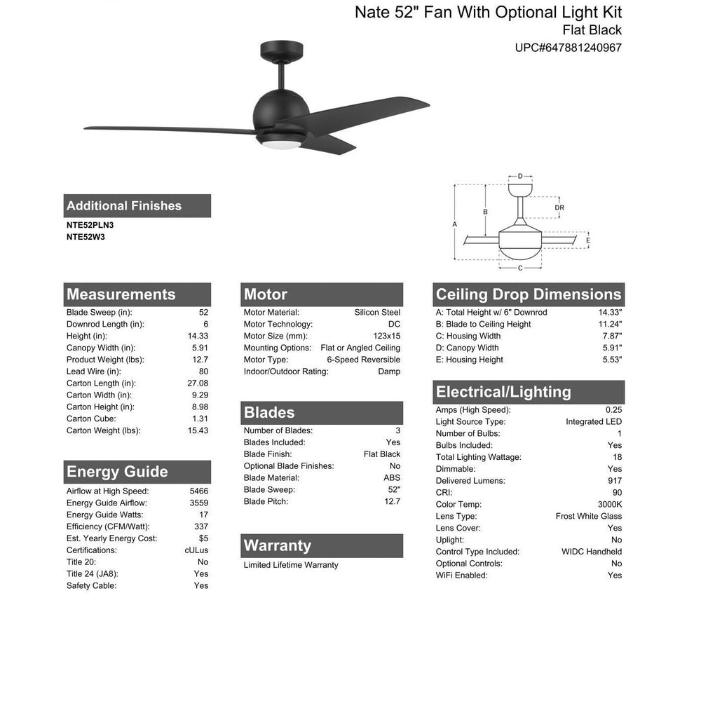 52" Nate in Flat Black Finish, Flat Black Blades, Light kit included (Optional), WiFi Control CRAFTMADE