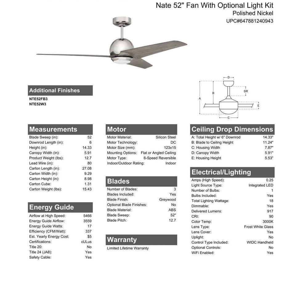 52" Nate in Polished Nickel Finish, Greywood Blades, Light kit included (Optional), WiFi Control CRAFTMADE