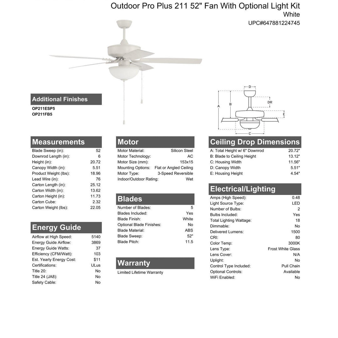 52" Outdoor Pro Plus 211 in White w/ Matte White Blades CRAFTMADE