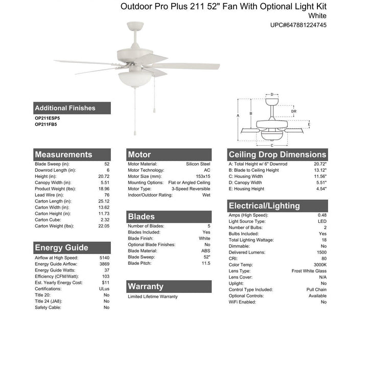 52" Outdoor Pro Plus 211 in White w/ Matte White Blades CRAFTMADE