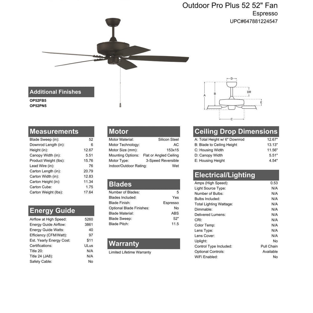 52" Outdoor Pro Plus 52 in Espresso w/ Matte Espresso Blades CRAFTMADE