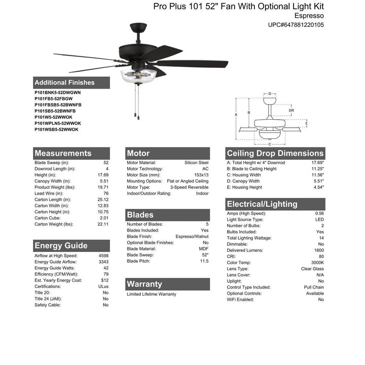 52" Pro Plus 101 in Espresso w/ Espresso/Walnut Blades CRAFTMADE