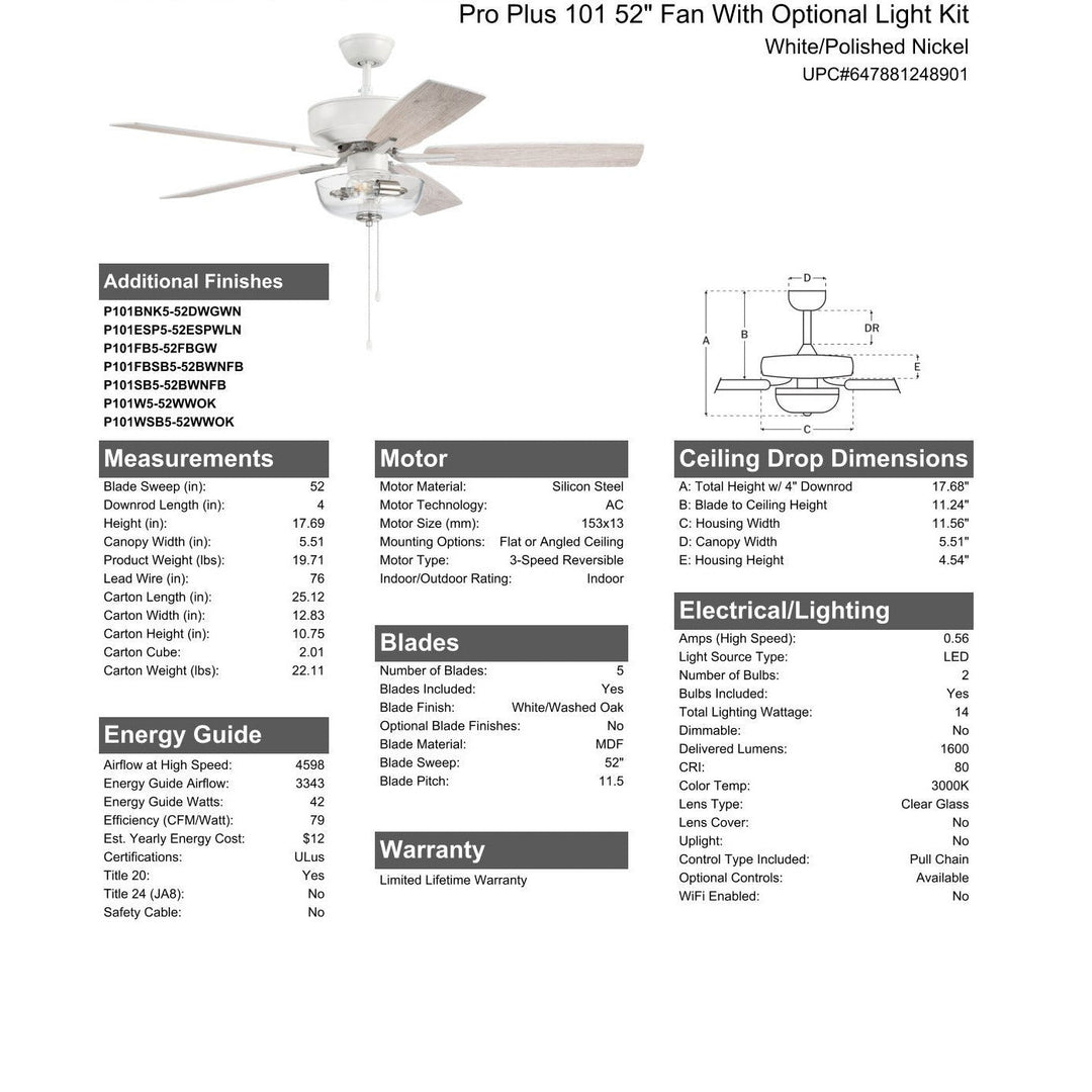 52" Pro Plus 101 in White/Polished Nickel w/ White/Washed Oak Blades CRAFTMADE