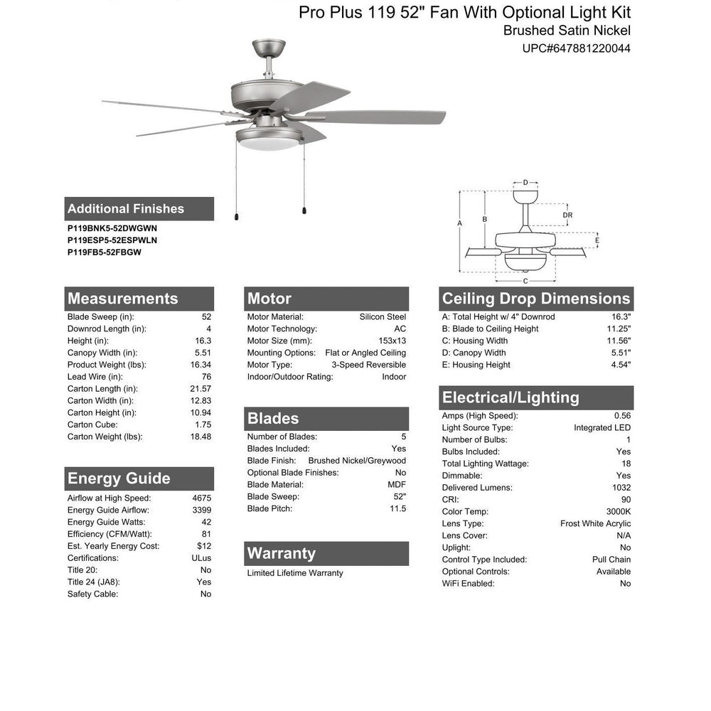 52" Pro Plus 119 in Brushed Nickel w/ Brushed Nickel/Greywood Blades CRAFTMADE