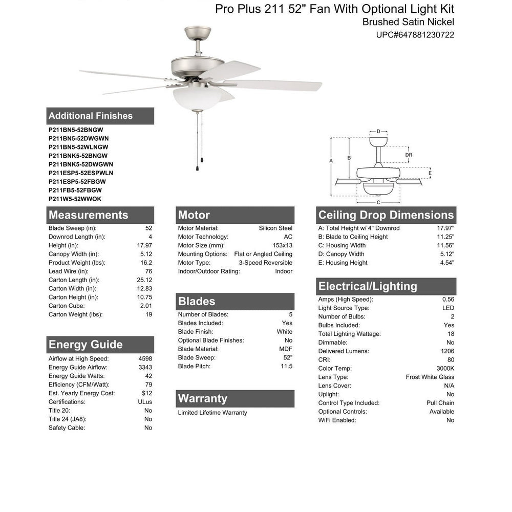 52" Pro Plus 211 in Brushed Satin Nickel w/ Walnut/Greywood Blades CRAFTMADE