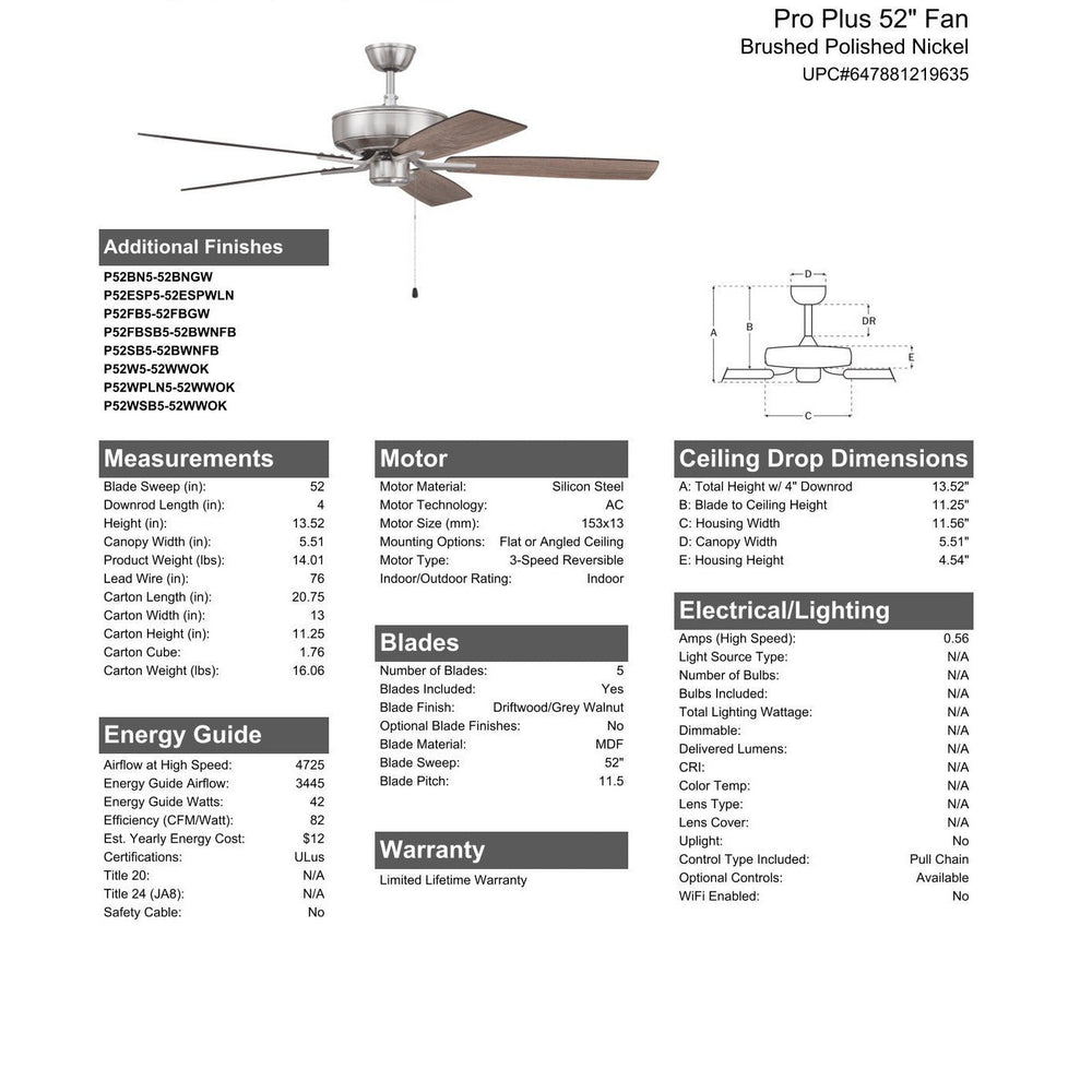 52" Pro Plus Fan in Brushed Polished Nickel w/ Driftwood/Grey Walnut Blades CRAFTMADE