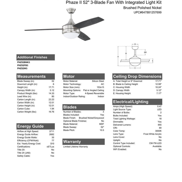 52" Phaze II 3-Blade in Brushed Polished Nickel w/ Brushed Nickel/Greywood Textured Blades CRAFTMADE