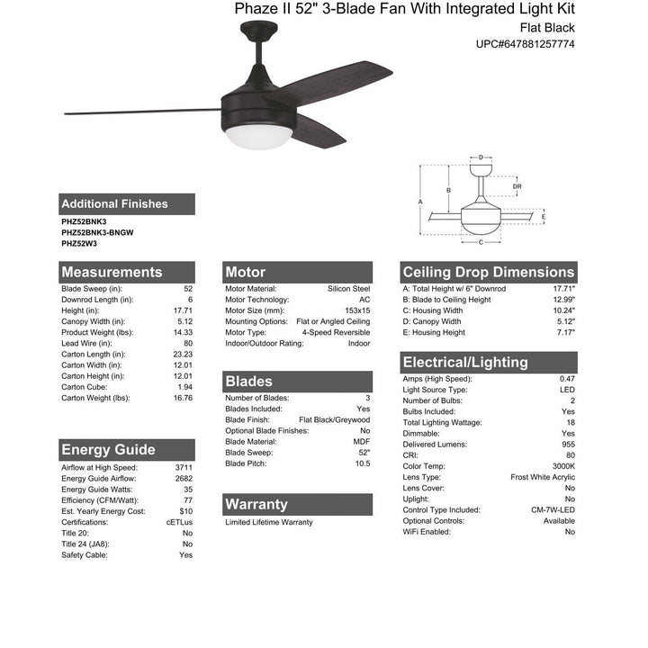 52" Phaze II 3-Blade in Flat Black w/ Flat Black/Greywood Blades CRAFTMADE