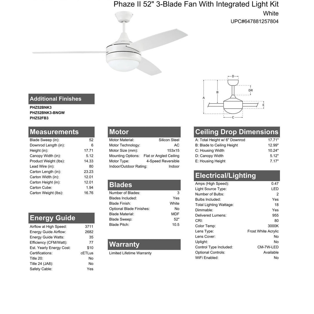 52" Phaze II 3-Blade in White w/ White Blades CRAFTMADE