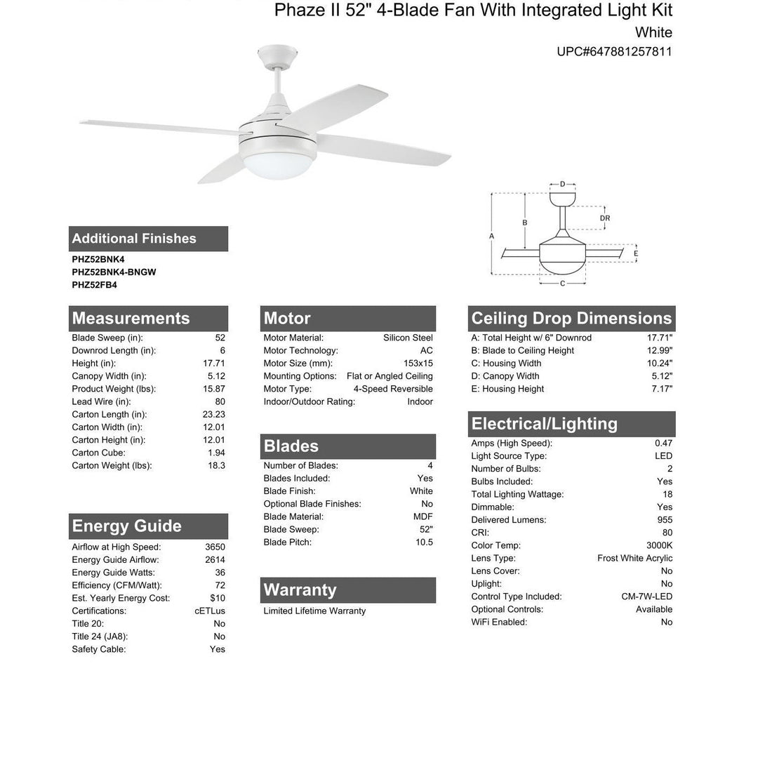 52" Phaze II 4-Blade in White w/ White Blades CRAFTMADE