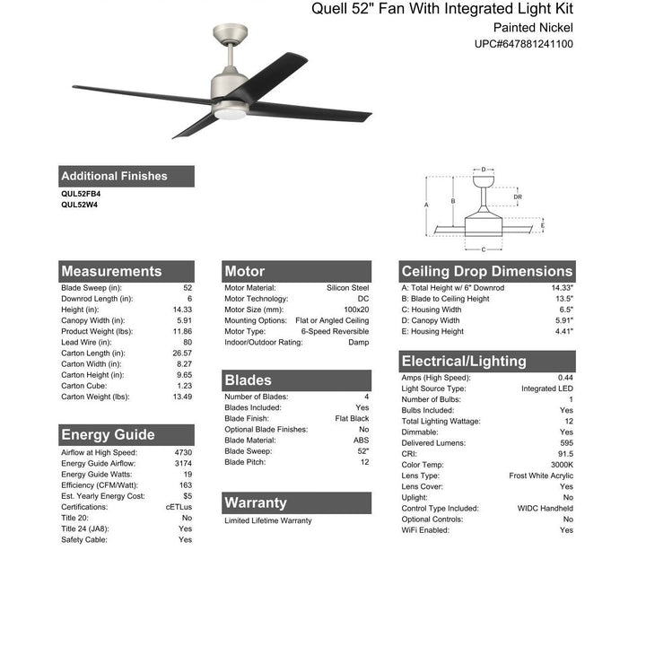 52" Quell Fan, Painted Nickel Finish, Flat Black Blades. LED Light, WIFI and Control Included CRAFTMADE