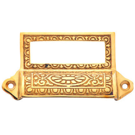 4 1/8 Inch Overall (3 1/2 Inch c-c) Solid Brass Victorian Label Style Bin Pull (Polished Brass Finish) COPPER MOUNTAIN HARDWARE