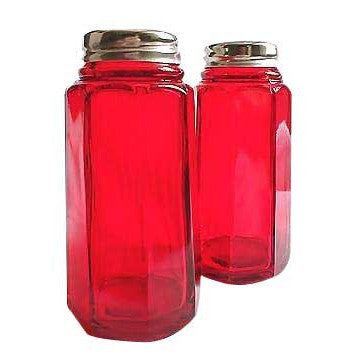 Salt and Pepper Shakers - Ruby Red Glass Panel Pattern Copper Mountain Hardware