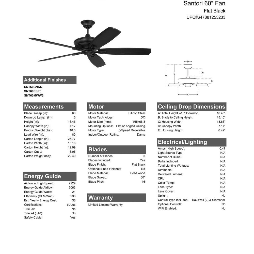 60" Santori Indoor/Outdoor (Damp) in Flat Black w/ Flat Black Blades CRAFTMADE