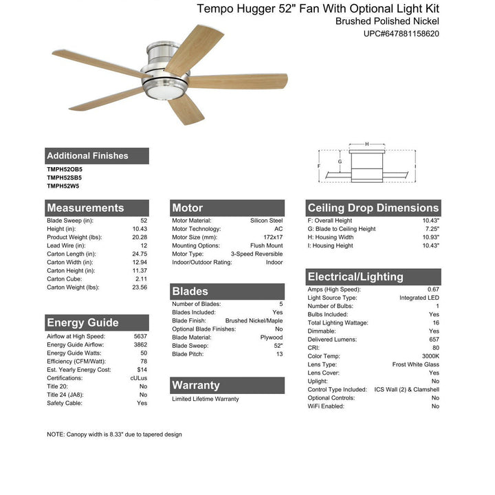 52" Tempo Hugger in Brushed Polished Nickel w/ Brushed Nickel/Maple Blades CRAFTMADE