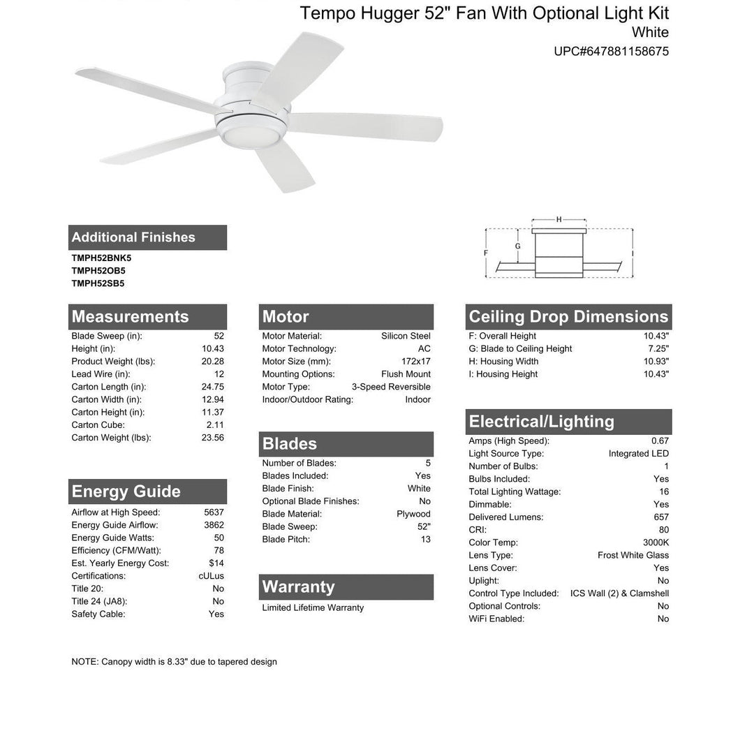 52" Tempo Hugger in White w/ White Blades CRAFTMADE