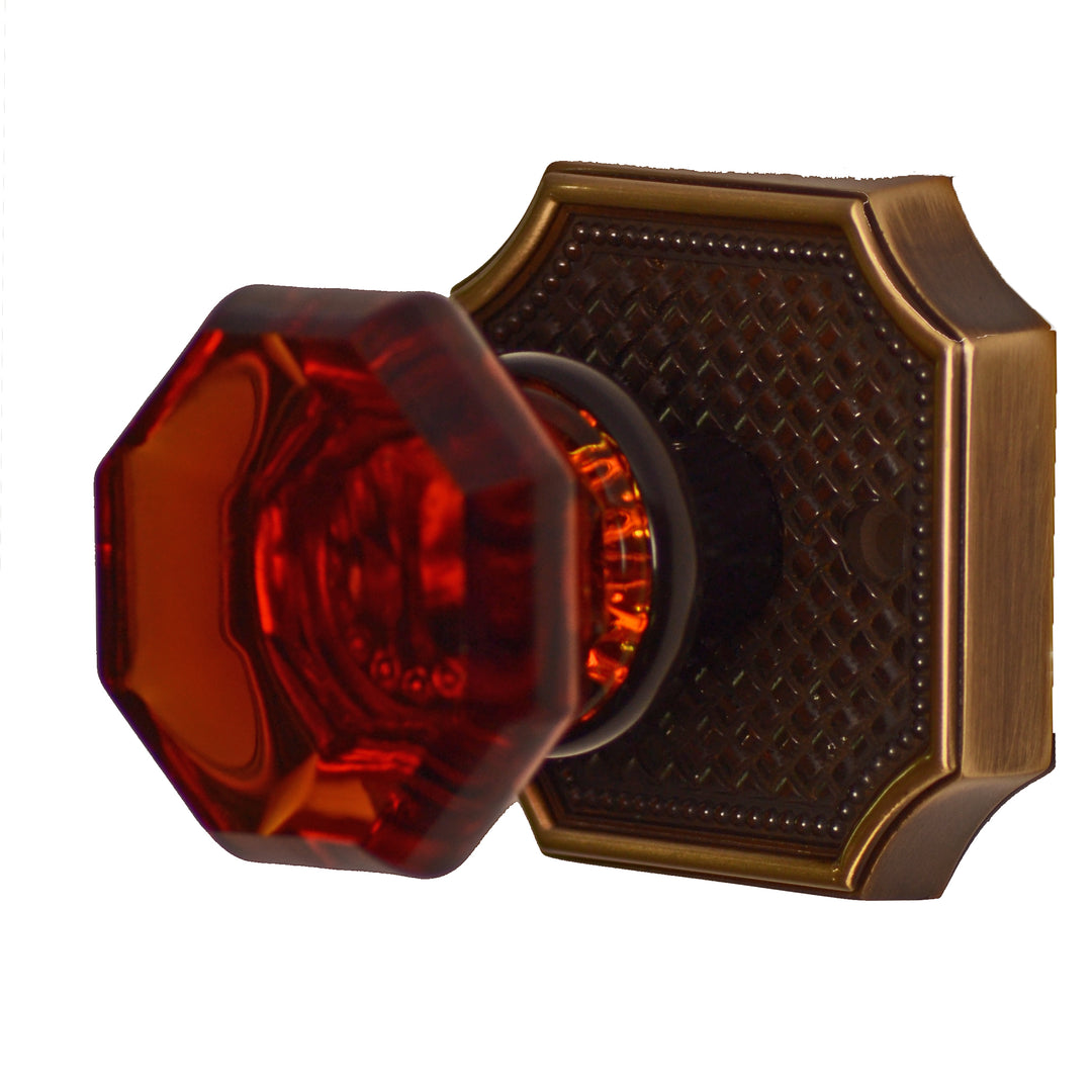 Amber Octagon Crystal Door Knob Set with Two-Tone Vintage Square Plate COPPER MOUNTAIN HARDWARE