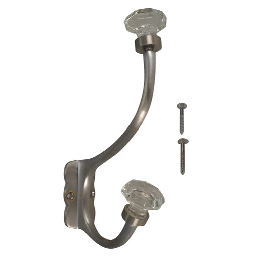 7 Inch Solid Brass Coat Hook & Octagonal Clear Glass Knobs (Satin Nickel Finish) COPPER MOUNTAIN HARDWARE